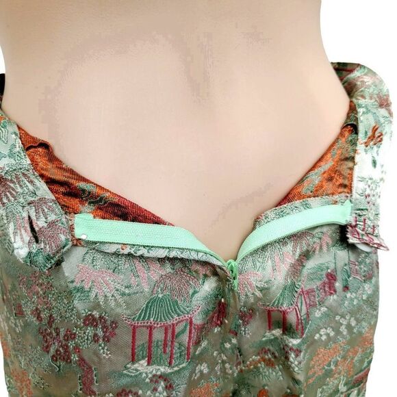 Vintage 70s Cropped Pants 4 Chinese Capri Pedal Pusher Brocade Green - Picture 6 of 10